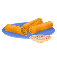 Filipino lumpia (fried spring roll) on blue plate with vinegar