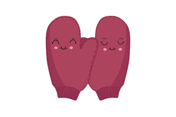 Pink knitted flat mittens with cute emoticons. Isolated vector.