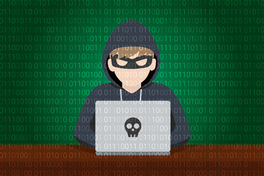Hacker with laptop working on a code on dark digital background with digital interface around. Cybercrime or attack or criminal concept