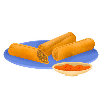 Filipino lumpia (fried spring roll) on blue plate with sweet and sour sauce