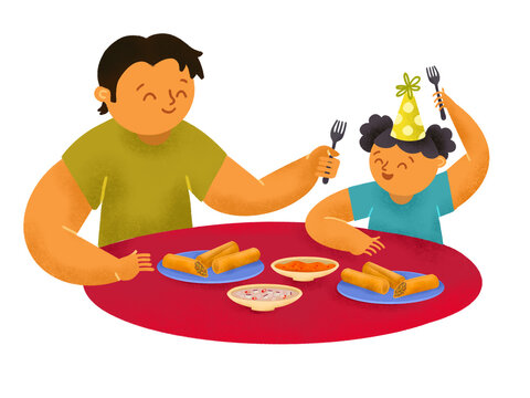 Filipino father and daughter eating lumpia fried spring roll during a birthday