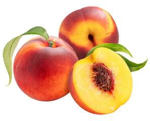 Naklejka na ściany i meble Peach fruit with leaf on white background, Fresh Peach on White Background PNG File.