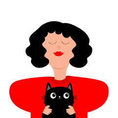 Woman holding black cat. Young girl face. Beautiful lady, female. Brunette hair. Avatar for social networks. Cute cartoon funny character. Love pet. Flat design. White background.
