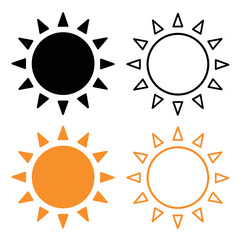 Sun icons. Modern simple seasons signs, summer emblems, sunshine silhouette with different rays style, heat weather symbols. Monochrome yellow solars logos, vector isolated on white set