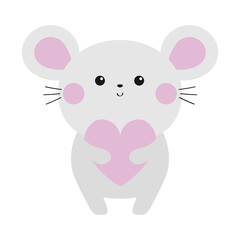 Mouse icon holding pink heart. Cute white rat silhouette. Funny face head. Kawaii cartoon baby character. Happy Valentines Day. Notebook sticker print template. Flat design. White background.