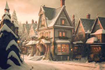 Obraz premium snow covered house,winter in the city.snow covered houses,street in winter,christmas in the city,street in winter,town in winter,christmas market square,christmas tree in the city