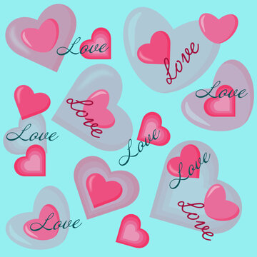 Fototapeta Pattern Saint Valentine with different pink hearts and inscriptions Love. Vector set.