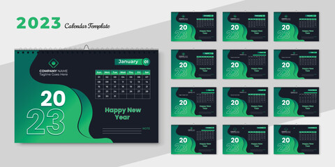 Set of 2023 Calendar Planner Template with Place for Photo and Company Logo. Vector layout of a wall or desk simple calendar with week start Sunday or desk calendar 2023 for your company business.