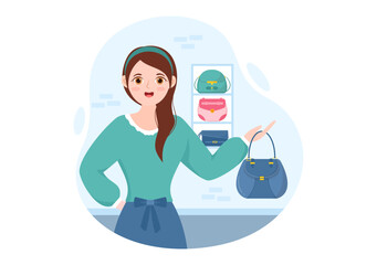Handbag Store with Collection of Various Quality Bags and Different Types of Lifestyle in Flat Hand Drawn Cartoon Template Illustration