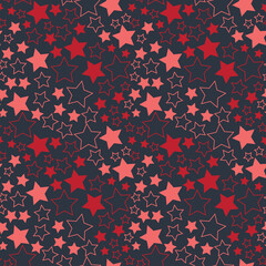 Starry sky red star on dark background seamless pattern decorative art for design. Cute pattern with stars, milky way flat style - obrazy, fototapety, plakaty