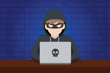Hacker with laptop working on a code on dark digital background with digital interface around. Cybercrime or attack or criminal concept