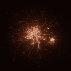 Lublin (Poland) street lights map. Satellite view on modern city at night. Imitation of aerial view on roads network. 3d render