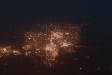 Aerial shot of Detroit (Michigan, USA) at night, view from south. Imitation of satellite view on modern city with street lights and glow effect. 3d render