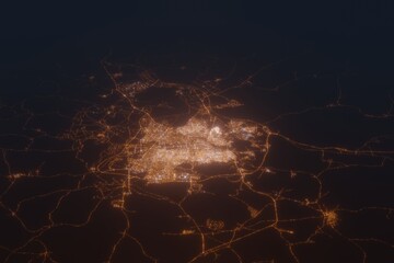 Aerial shot of Gaziantep (Turkey) at night, view from south. Imitation of satellite view on modern city with street lights and glow effect. 3d render
