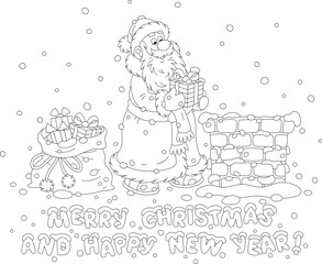 Merry Christmas and happy New Year card with Santa Claus and his magical bag of holiday gifts on a snow-covered roof near an old bricky chimney on a snowy winter night, black and white vector cartoon