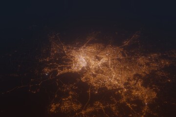 Aerial shot on Ho Chi Minh (Vietnam) at night, view from east. Imitation of satellite view on modern city with street lights and glow effect. 3d render