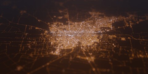 Street lights map of Cordoba (Argentina) with tilt-shift effect, view from east. Imitation of macro shot with blurred background. 3d render, selective focus