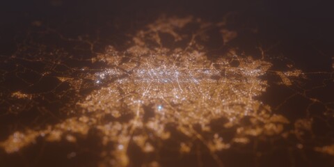 Street lights map of Goiania (Brazil) with tilt-shift effect, view from west. Imitation of macro shot with blurred background. 3d render, selective focus