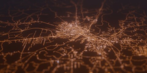 Street lights map of Alexandria (Louisiana, USA) with tilt-shift effect, view from east. Imitation of macro shot with blurred background. 3d render, selective focus