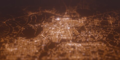 Street lights map of Baton Rouge (Louisiana, USA) with tilt-shift effect, view from east. Imitation of macro shot with blurred background. 3d render, selective focus