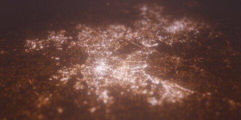 Street lights map of Raleigh (North Carolina, USA) with tilt-shift effect, view from east. Imitation of macro shot with blurred background. 3d render, selective focus