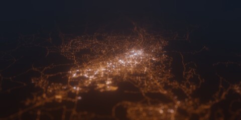 Street lights map of Santa Fe (New Mexico, USA) with tilt-shift effect, view from south. Imitation of macro shot with blurred background. 3d render, selective focus