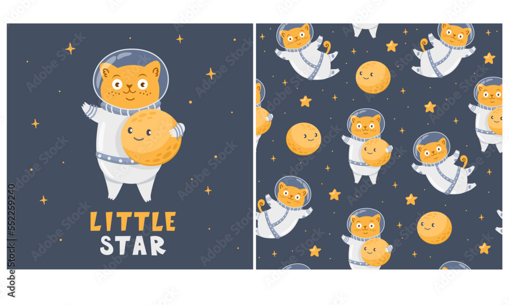 Canvas Prints vector seamless pattern and print for printing on clothing. cute cat astronaut holding the moon and 
