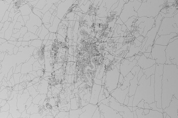 Map of the streets of Chongqing (China) made with black lines on grey paper. Top view. 3d render, illustration