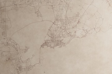 Map of Qingdao (China) on an old vintage sheet of paper. Retro style grunge paper with light coming from right. 3d render