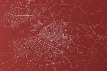 Map of the streets of Harbin (China) made with white lines on red background. Top view. 3d render, illustration