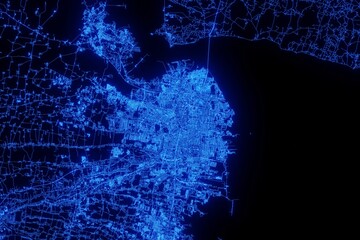 Street map of Surabaya (Indonesia) made with blue illumination and glow effect. Top view on roads network