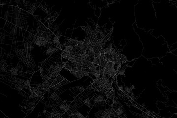 Stylized map of the streets of Karaj (Iran) made with white lines on black background. Top view. 3d render, illustration