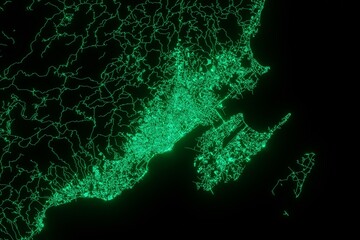 Map of the streets of Cebu (Philippines) made with green illumination and glow effect. Top view on roads network. 3d render, illustration