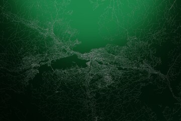 Street map of Tampere (Finland) engraved on green metal background. Light is coming from top. 3d render, illustration