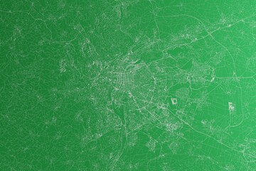 Map of the streets of Lyon (France) made with white lines on green paper. Rough background. 3d render, illustration