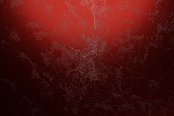 Street map of Chisinau (Moldova) engraved on red metal background. Light is coming from top. 3d render, illustration