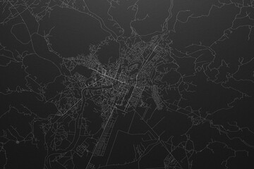 Street map of Podgorica (Montenegro) on black paper with light coming from top