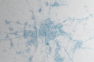 Map of the streets of Seville (Spain) made with blue lines on white paper. 3d render, illustration