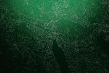 Street map of Zurich (Switzerland) engraved on green metal background. Light is coming from top. 3d render, illustration