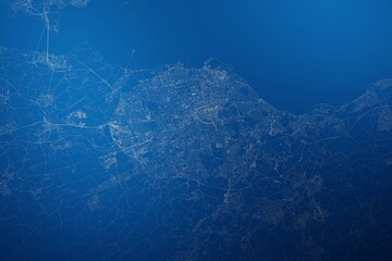 Stylized map of the streets of Edinburgh (UK) made with white lines on abstract blue background lit by two lights. Top view. 3d render, illustration