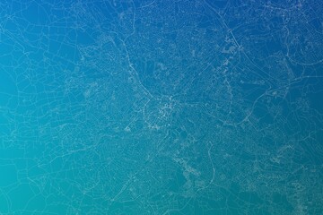 Map of the streets of Sheffield (UK) made with white lines on greenish blue gradient background. 3d render, illustration