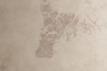 Map of Belem (Brazil) on an old vintage sheet of paper. Retro style grunge paper with light coming from right. 3d render