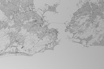 Map of the streets of Rio de Janeiro (Brazil) made with black lines on grey paper. Top view. 3d render, illustration