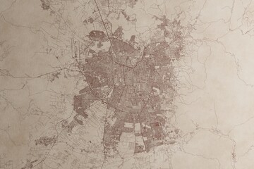 Map of Santiago (Chile) on an old vintage sheet of paper. Retro style grunge paper with light coming from right. 3d render