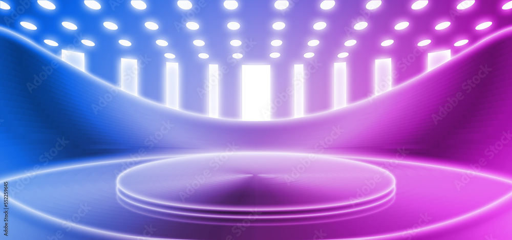 Poster 3d rendering of neon metal texture of empty stage in the future of science and technology spatial ba