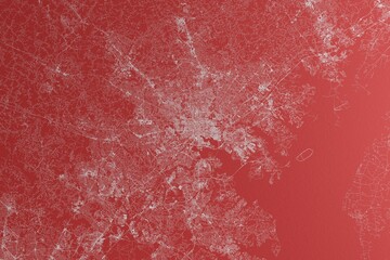 Map of the streets of Baltimore (Maryland, USA) made with white lines on red paper. Top view, rough background. 3d render, illustration