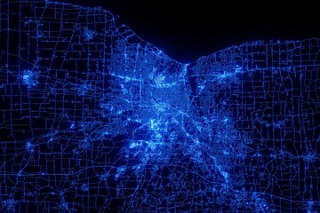 Street map of Rochester (New York, USA) made with blue illumination and glow effect. Top view on roads network