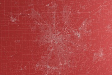 Map of the streets of Dayton (Ohio, USA) made with white lines on red paper. Top view, rough background. 3d render, illustration