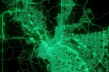 Map of the streets of El Paso (Texas, USA) made with green illumination and glow effect. Top view on roads network. 3d render, illustration