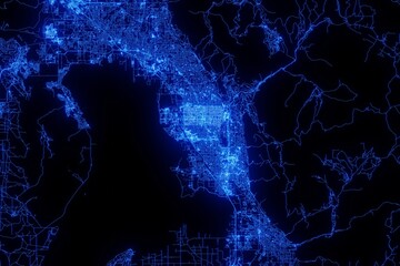 Street map of Provo (Utah, USA) made with blue illumination and glow effect. Top view on roads network